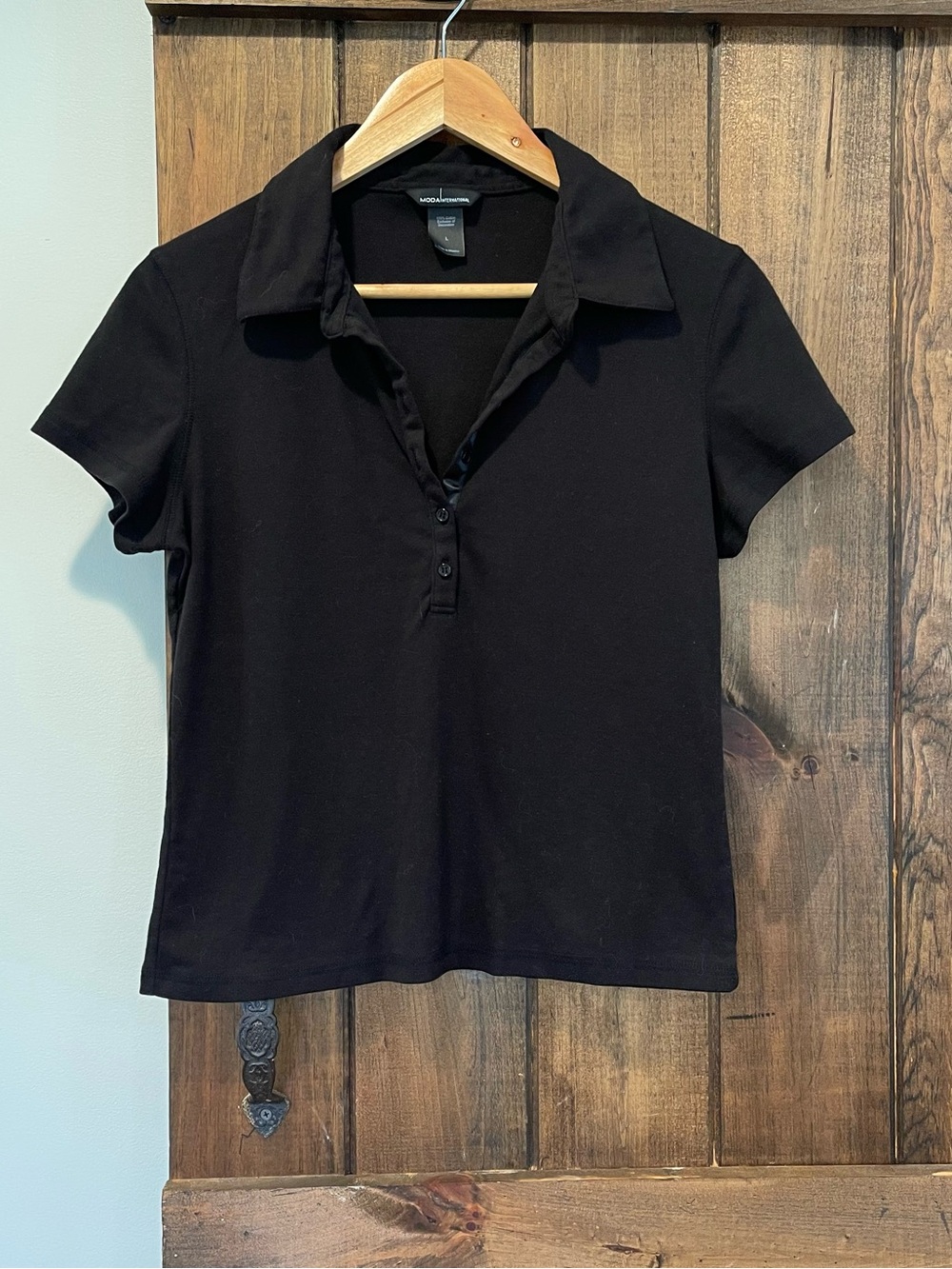 Moda International Black Collared Polo Short Sleeve Shirt Large Preppy Academia